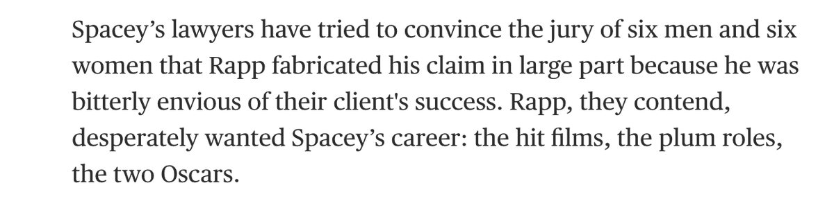 EmmaPeel_Knight's tweet photo. #USA🇺🇸#NewYork @KevinSpacey ´s lawyers have tried to convince the jury in #Manhattan, that actor #AnthonyRapp fabricated his claim, because he was #bitterly #envious of #Spacey's success.
#Rapp desperately wanted #Spacey's career: the hit films, the plum roles, the 2 Oscars.
👇 https://t.co/ZHIIyyZTBD
