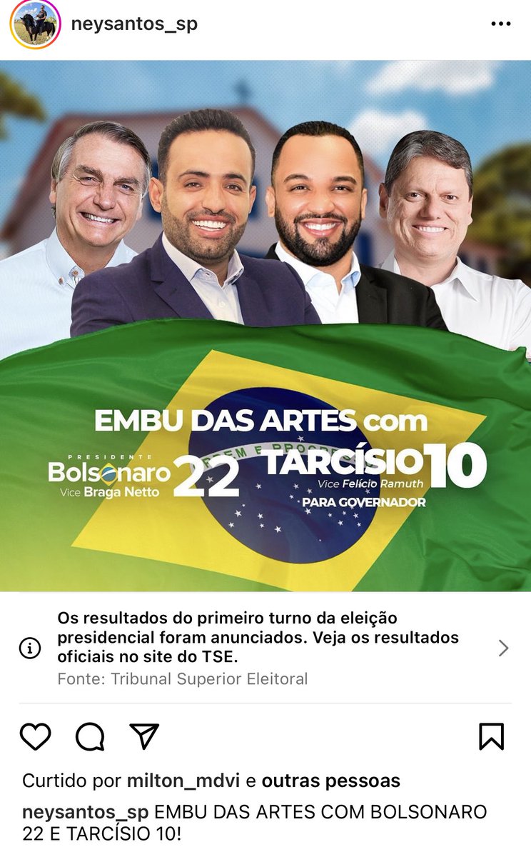 Ney Santos, prefeito de Embu das Artes, está com Tarcísio e Bolsonaro.

Ele é acusado pelo Ministério Público de ser um dos líderes do PCC.

Ney Santos já foi preso por assaltar um carro forte portando uma metralhadora.