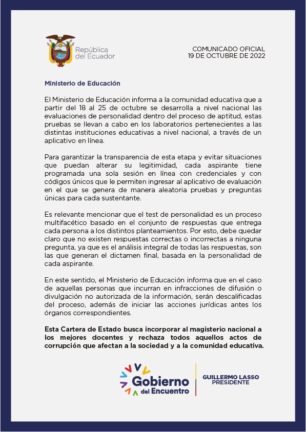 [COMUNICADO] Informamos a la comunidad educativa que hasta el 25 de octubre se desarrollará a nivel nacional las evaluaciones de personalidad dentro del proceso de aptitud. Conoce más 👇