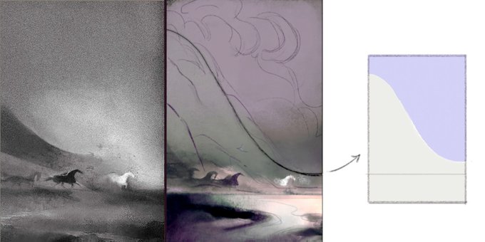 to start, i felt like it needed more of a sense of movement and place, so i began blocking off large shapes to try to find ways to tweak the composition without losing the spirit of the sketch!

i decided to roll with a hint of mountain to push scale &amp; flow, and went from there. 