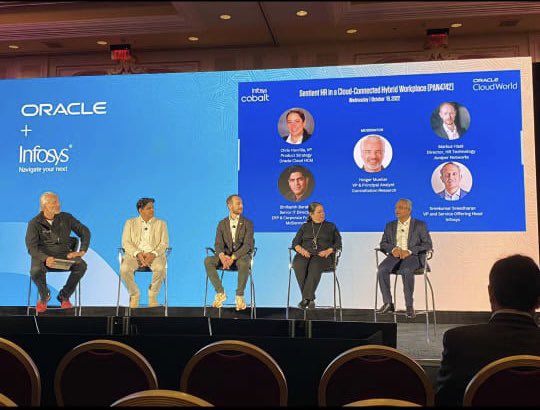 InfosysAmericas's tweet photo. Day 2 at #OCW kicked off with Chris Havrilla, Markus Haak, @holgermu, Shrikanth Bartan, and Sreekumar Sreedharan sharing insights on how HR strategies can be refreshed to build a sentient HR organization in a panel discussion. #InfyAtOCW22 https://t.co/LRTIy3OmAA