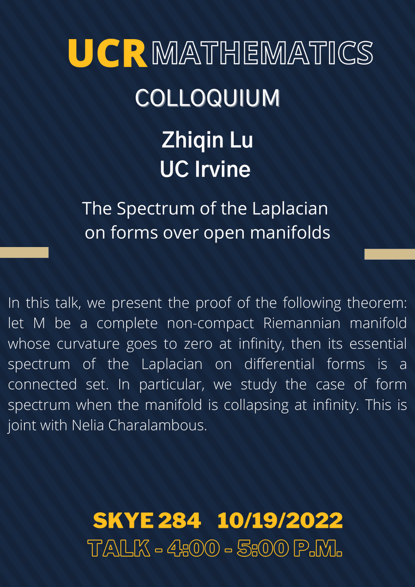 Come and join us today at Skye Hall room 284 from 4PM to 5PM for the Mathematics Colloquium with Zhiquin Lu from UC Irvine.