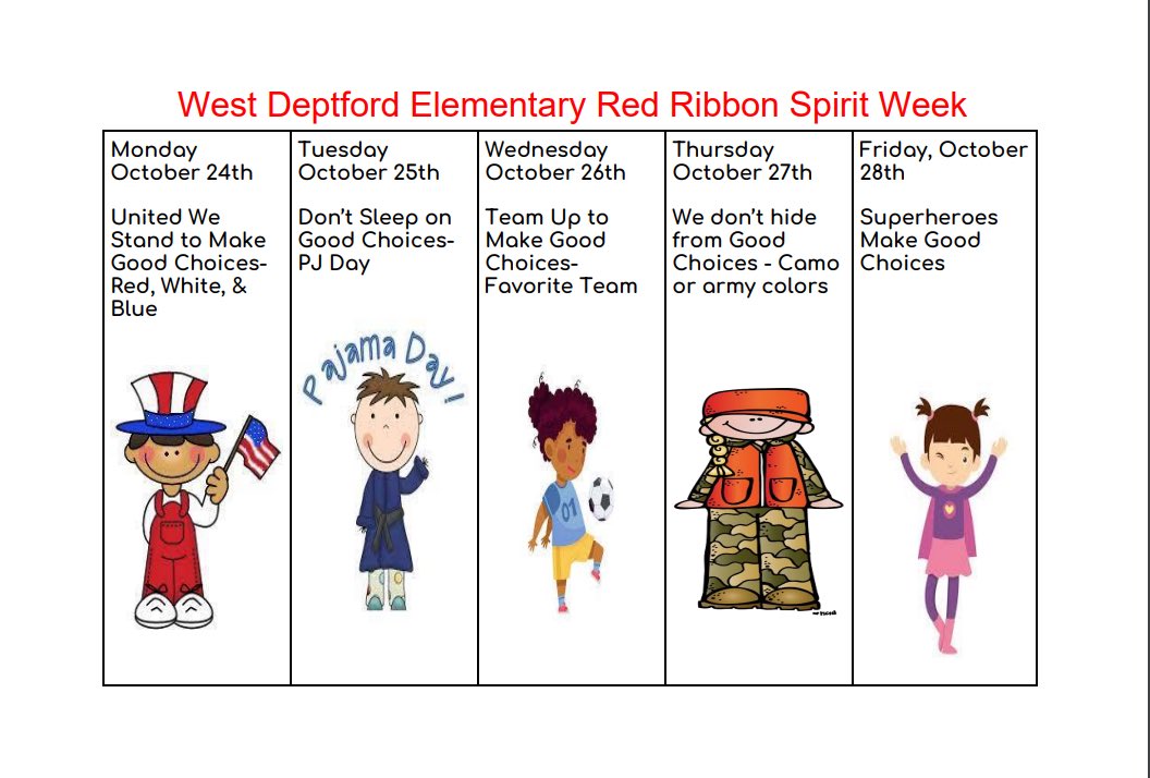 Another fun week is on the way for Red Ribbon Week!  At the early elementary level the focus is “Making Good Choices!” Check out the line-up! 😊<a href="/wdeptford/">West Deptford</a>