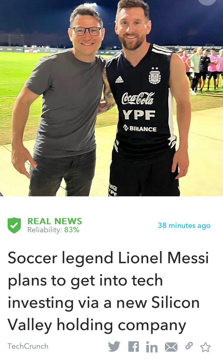 Oigetit_Tech's tweet photo. Soccer legend Lionel Messi plans to get into tech investing via a new Silicon Valley holding company
https://t.co/UJEPpBmVrM
Read more: https://t.co/fd2Y0u76T3
#fakenewsfilter #realnews #news #Messi #Argentina #tech #investment 
The article was fact checked by #oigetit! https://t.co/vmqBPZSLhr