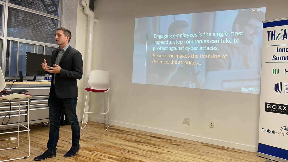 Now up, last speaker Ian MacMillan of <a href="/BeauceronSec/">Beauceron Security</a>, which helps employees be more aware of cyber security risk. The avg cost of a data breach is $6.75M and 20% of consumers never return to a company that has a data breach. #THIAInnovationSummit
