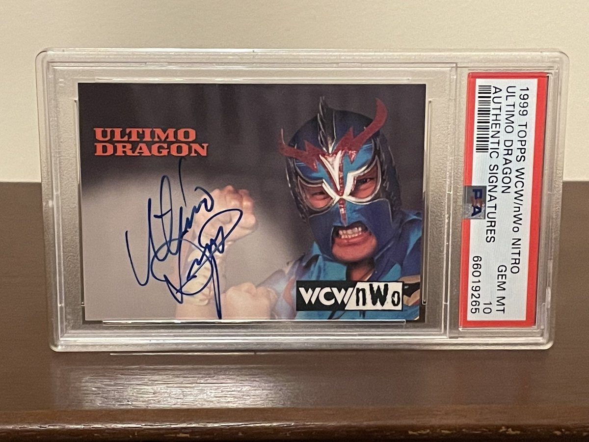 Axel_Foley13's tweet photo. Recent addition to the PSA graded WCW Autograph set! PSA 10! POP of only 4!! #wcw #ultimodragon #wrestlingcards #wcwautographs #goatset #legends #thehobby #whodoyoucollect https://t.co/AkgKbRDzId