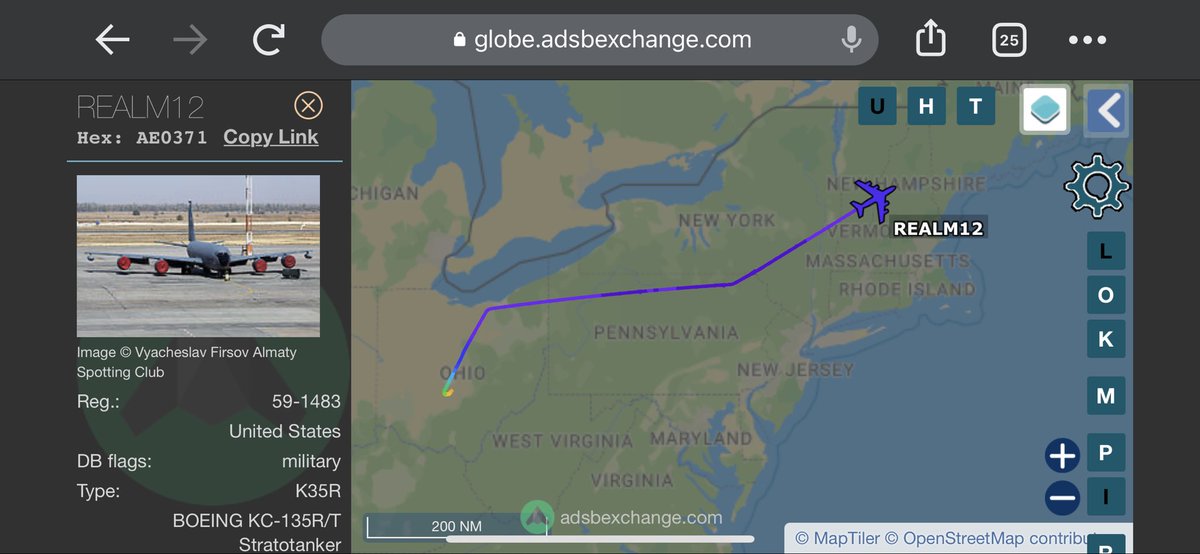 TheSnoopySnoop's tweet photo. KC-135 #REALM12 airborne from Rickenbacker &amp; heading NE at 31,000ft
Repo to Bangor?
Unusual c/s I thought
#AvGeek #Planespotting #milair #haveglass https://t.co/ZQK9U5oPul