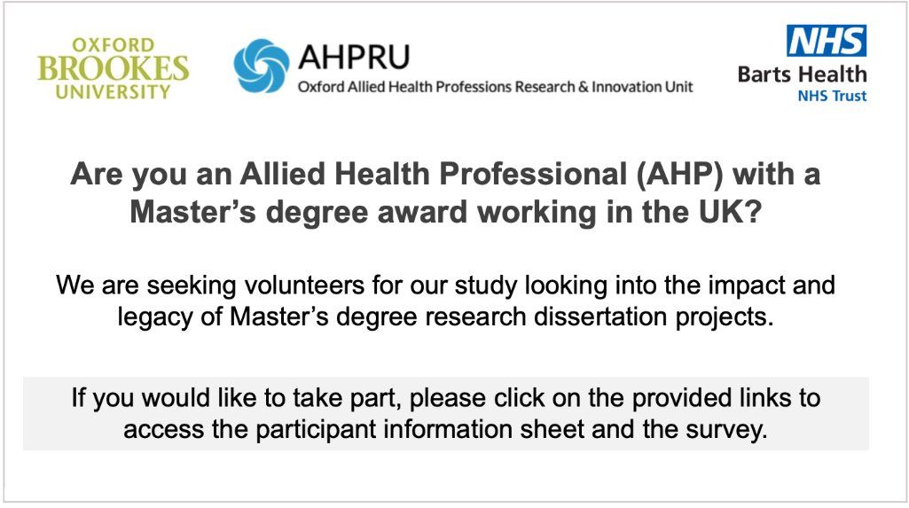 Are you an AHP with a post-grad master’s degree working in the UK? Please take part in our study looking at the impact of AHP research undertaken at master’s degree level. 10-15 mins required. Participant information: shorturl.at/flE14 Survey link: forms.office.com/r/jZDarF6tz8