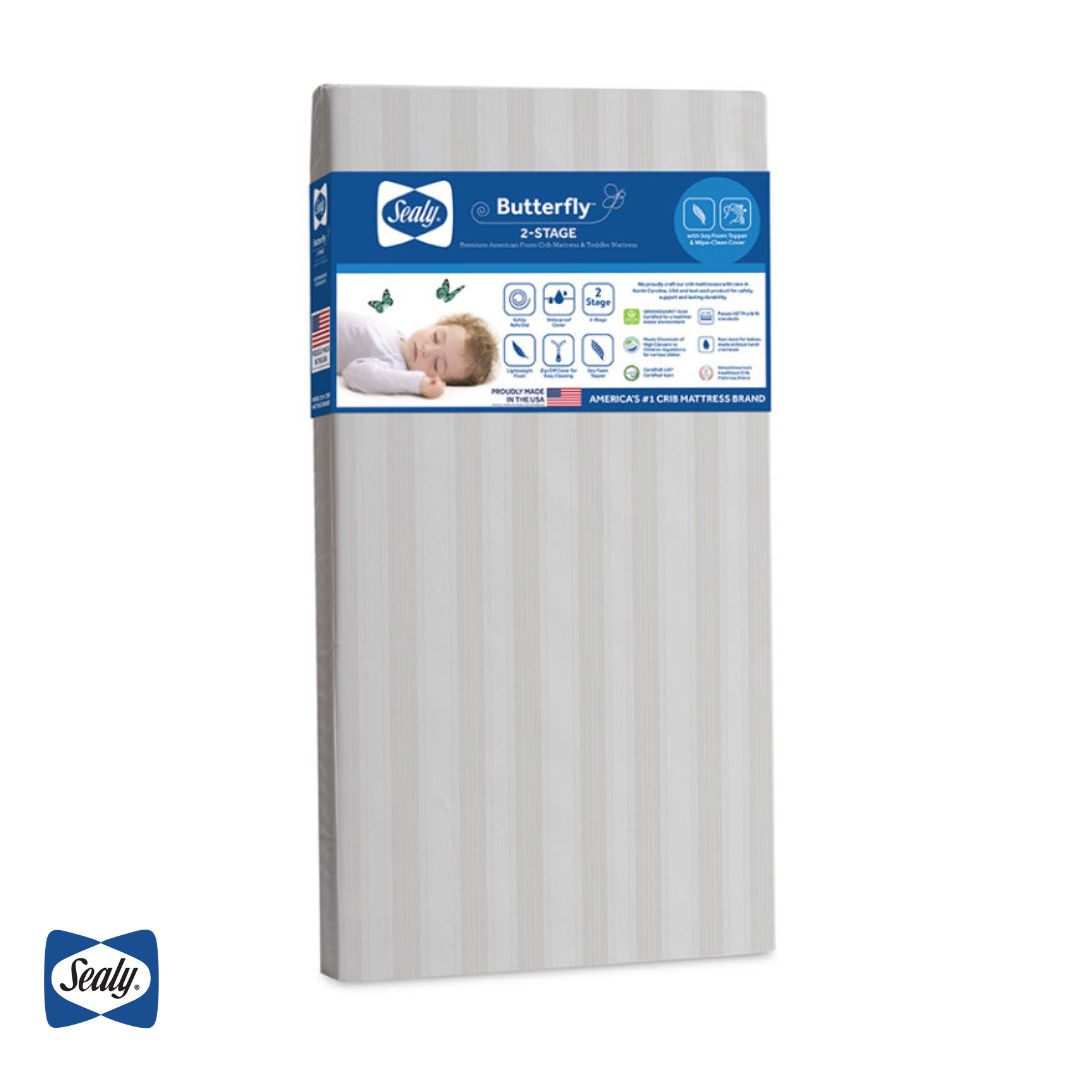 Our Sealy Butterfly 2-Stage Crib and Toddler Mattress has a firmer infant high density foam side and a more comfortable soybean memory foam side for optimal coziness for toddlers😴
