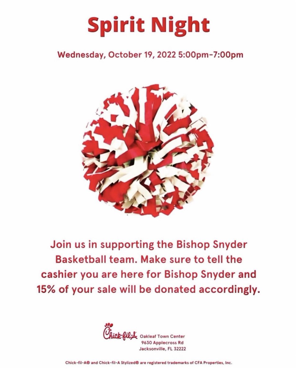 Hungry? You need some @ChickfilA nuggets! Get 'em tonight at the Oakleaf Town Center from 5pm-7pm. Tell the cashier you're supporting the Snyder basketball team and 15% of your purchase will benefit @BJSHoops! @SnyderAthletics #thesnyderway #snyderpride #GoCards