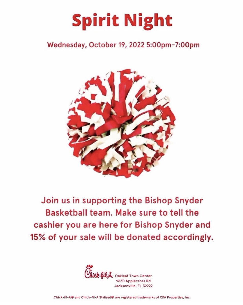 Hungry? You need some <a href="/ChickfilA/">Chick-fil-A, Inc.</a> nuggets! Get 'em tonight at the Oakleaf Town Center from 5pm-7pm. Tell the cashier you're supporting the Snyder basketball team and 15% of your purchase will benefit <a href="/BJSHoops/">Snyder Basketball</a>! <a href="/SnyderAthletics/">Snyder Athletics</a> #thesnyderway #snyderpride #GoCards