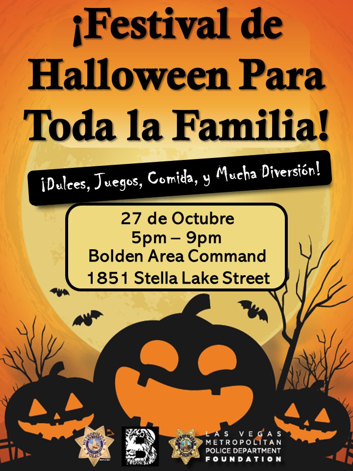 TIME TO CELEBRATE 20 YEARS OF @LVMPDBAC PRIDE! Join us for our Halloween Festival & Birthday Celebration! There will be free candy, games, food, lots of Halloween fun, and MORE!🎃 📆 Thurs., Oct. 27 ⏰ 5:00pm - 9:00pm 📍 Bolden Area Command: 1851 Stella Lake Street