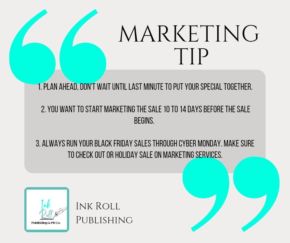InkRollPub's tweet photo. Here are some tips for planning your black friday sale for your product or service.
#indieauthor #bookish #amwriting #amreading #writer #fiction #nonfiction #logophile #bibliophile #writing #bookpublishing #bookpromoting #bookmarketing #bestsellers #holiday #holidaymarketing https://t.co/SWxYbluBJf