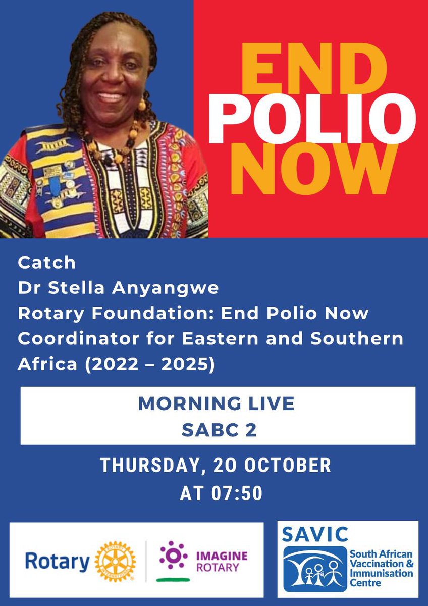 SAVIC (@savic_info) on Twitter photo Catch Dr Stella Anyangwe on Morning Live tomorrow morning. More details below 👇🏼. #EndPolio #WPD2022 <a href="/SMU_SA/">Sefako Makgatho Health Sciences University (SMU)</a> <a href="/SMU_PHPM/">PublicHealthPharmacy</a> <a href="/HealthZA/">National Department of Health</a> <a href="/UNICEF_SA/">UNICEF South Africa</a> <a href="/MorningLiveSABC/">SABCNews_MorningLive</a> <a href="/WHO/">World Health Organization (WHO)</a> <a href="/CDCgov/">CDC</a> <a href="/UNICEFpolio/">UNICEF Polio</a> <a href="/RotaryPtaWest/">Rotary Club Pta West</a> <a href="/RotaryHatfield/">Rotary PTA Hatfield</a> Catch Dr Stella Anyangwe on Morning Live tomorrow morning. More details below 👇🏼. #EndPolio #WPD2022 <a href="/SMU_SA/">Sefako Makgatho Health Sciences University (SMU)</a> <a href="/SMU_PHPM/">PublicHealthPharmacy</a> <a href="/HealthZA/">National Department of Health</a> <a href="/UNICEF_SA/">UNICEF South Africa</a> <a href="/MorningLiveSABC/">SABCNews_MorningLive</a> <a href="/WHO/">World Health Organization (WHO)</a> <a href="/CDCgov/">CDC</a> <a href="/UNICEFpolio/">UNICEF Polio</a> <a href="/RotaryPtaWest/">Rotary Club Pta West</a> <a href="/RotaryHatfield/">Rotary PTA Hatfield</a>
