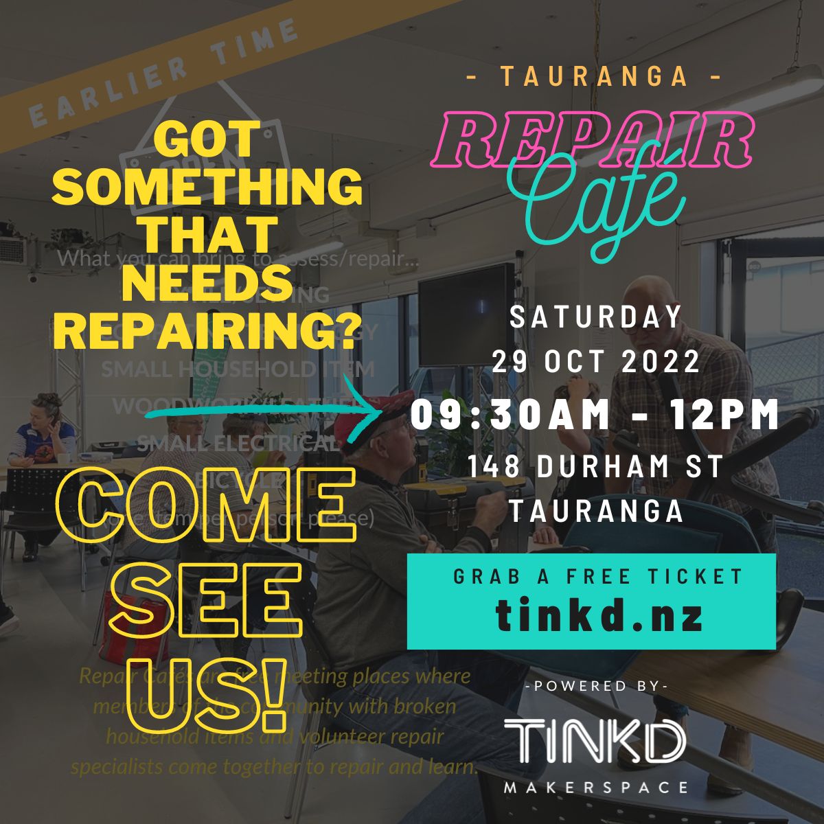 tinkdmakerspace's tweet photo. Have you got something that's broken and needs a repair? Our team of volunteer repairers are ready to assess and attempt a repair! Come to the Repair Cafe Tauranga on Saturday 29th October at 09:30am and let's #AvoidLandfill #Waste #Repurpose. Visit: https://t.co/w3S9G2WVB7 😎 https://t.co/JCopp8K4Nz