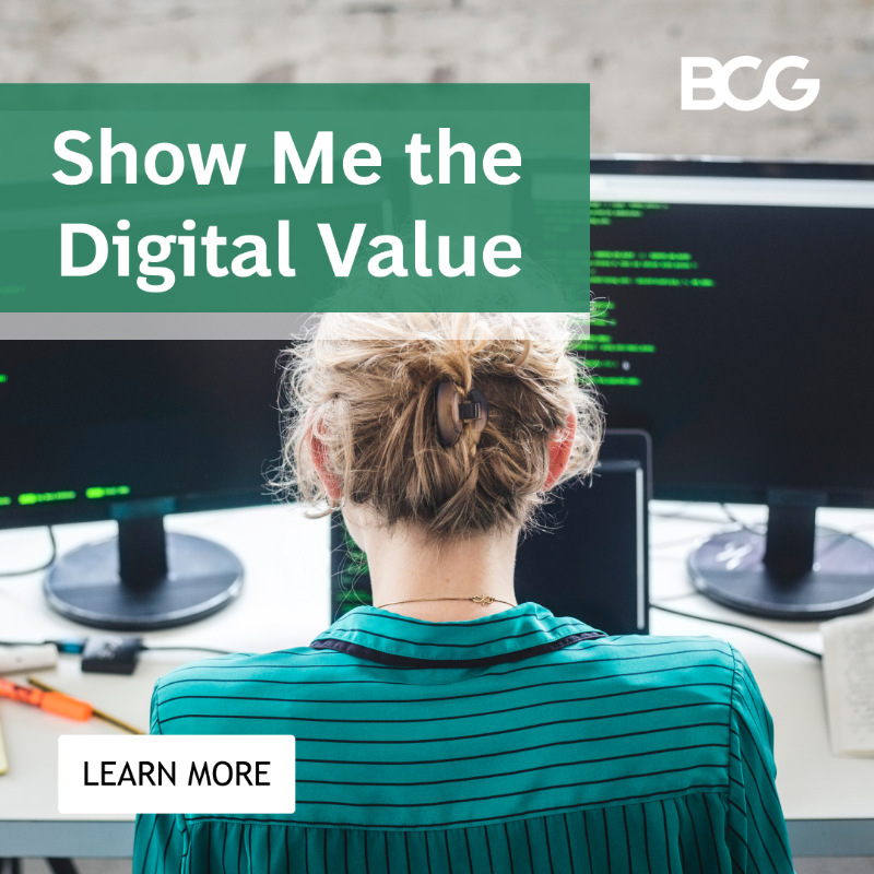 BCG's tweet photo. Only the most digitally advanced companies produce substantial returns... the companies that trail face a widening value gap going forward.