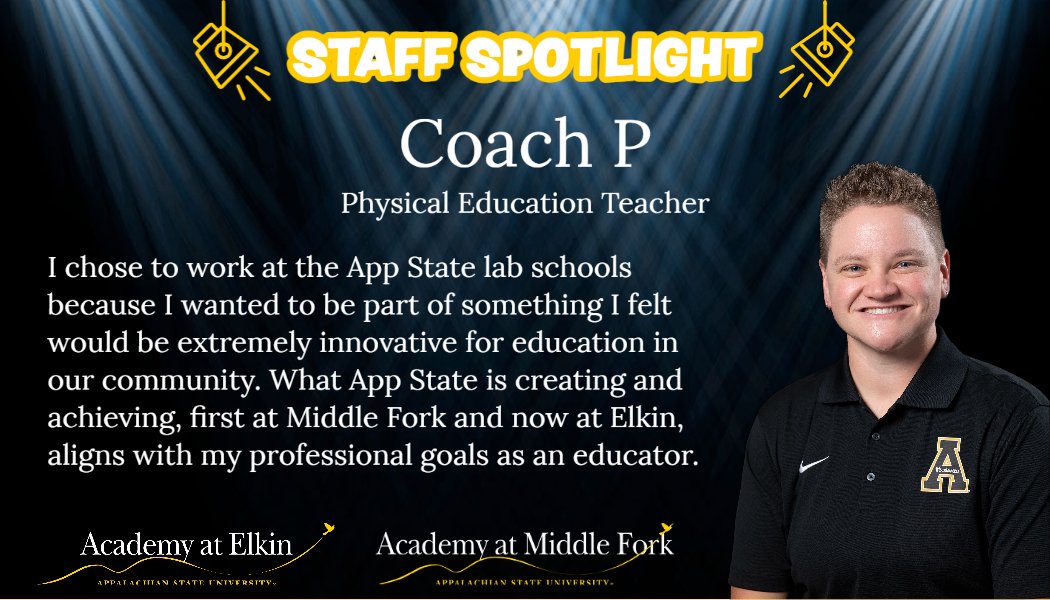 Academy at Middle Fork October Staff Spotlight: Get to know physical education teacher, Robin 'Coach P' Phelps. Fun fact: Coach P also serves in the same role at our sister school, @appstateelkin! Read more: middlefork.appstate.edu/news/staff-spo…