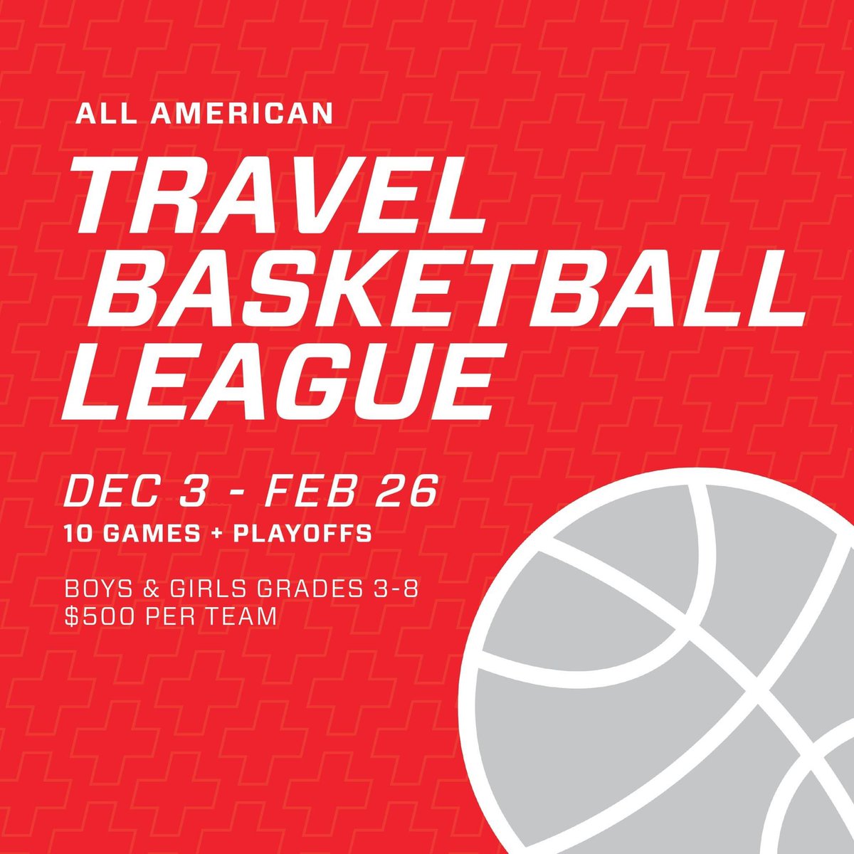 Registration is now open for the All American Travel Basketball League! 🏀

Boys and girls teams grades 3rd through 8th can join now. League starts December 8 and goes until February 26.

Sign up today and join us for a winter of fun and training!

🔗: allamerican.plus