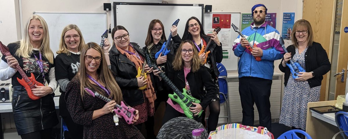 Daresburyschool's tweet photo. Daresbury Primary staff moments before they delivered a legendary assembly to launch Times Tables Rock Stars! #bestassemblyever @chrisdysonHT @TTRockStars https://t.co/s7G1ZjItHb