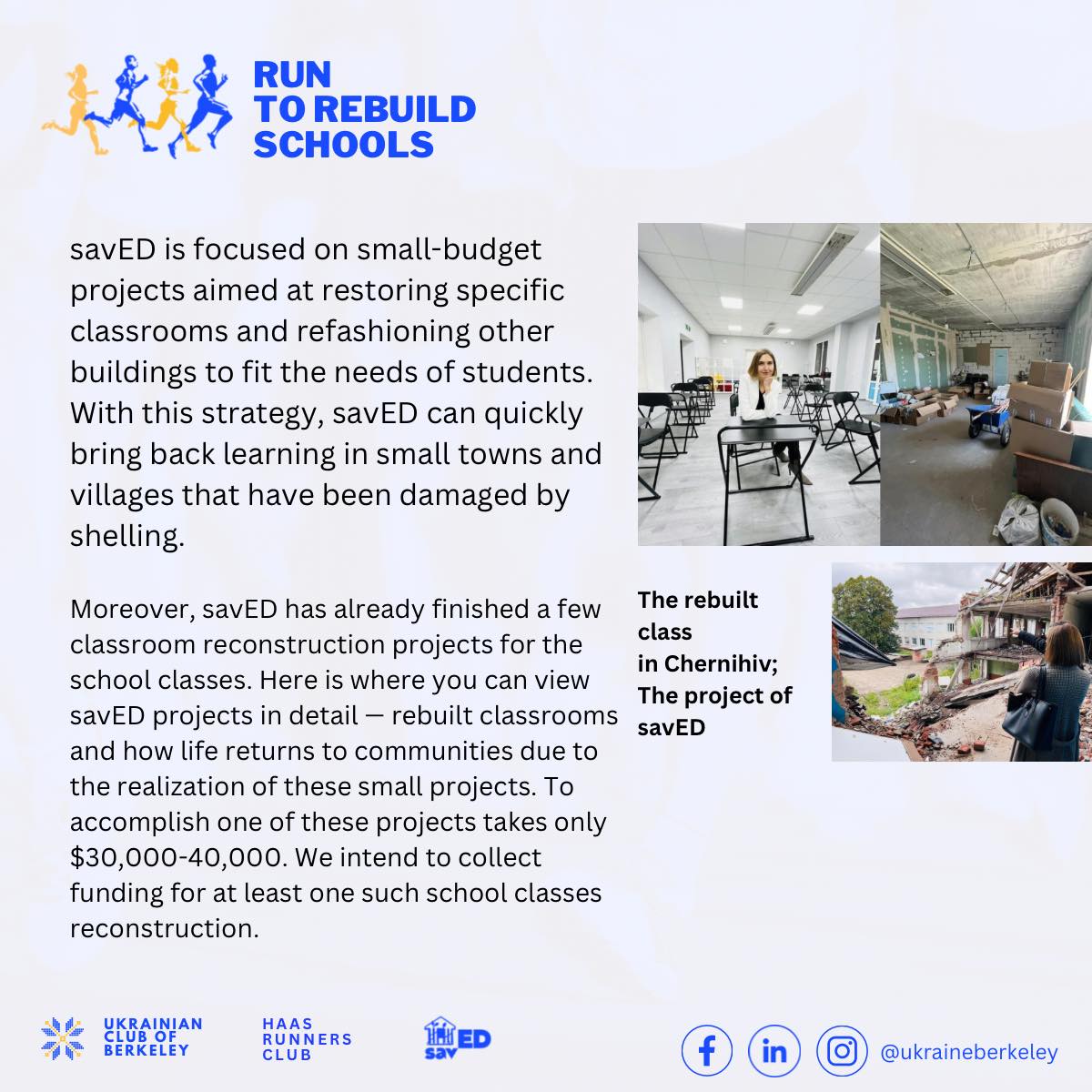 ukraineberkeley's tweet photo. 1st charity project! ๐งต 1/
๐โโ๏ธ๐What: RUN TO REBUILD SCHOOLS is @ukraineberkeley initiative in collab with the Haas Running Club. We'll raise money for SavED, a ๐บ๐ฆcharity that rebuilds schools in Ukraine, by taking part in the @BerkeleyHalf #berkeleyhalf #halfmarathon https://t.co/9Mp52aPTV7