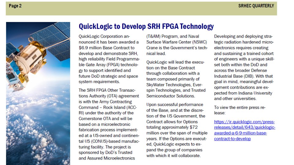 QuickLogic_Corp's tweet photo. The U.S. Government (USG) Strategic Radiation Hardened Electronics Council (SRHEC) in its quarterly newsletter included a story on QuickLogic being awarded a contract to develop SRH FPGA Technology.
https://t.co/SXJCnaS4eC

#radhard https://t.co/nrYZov7ljx