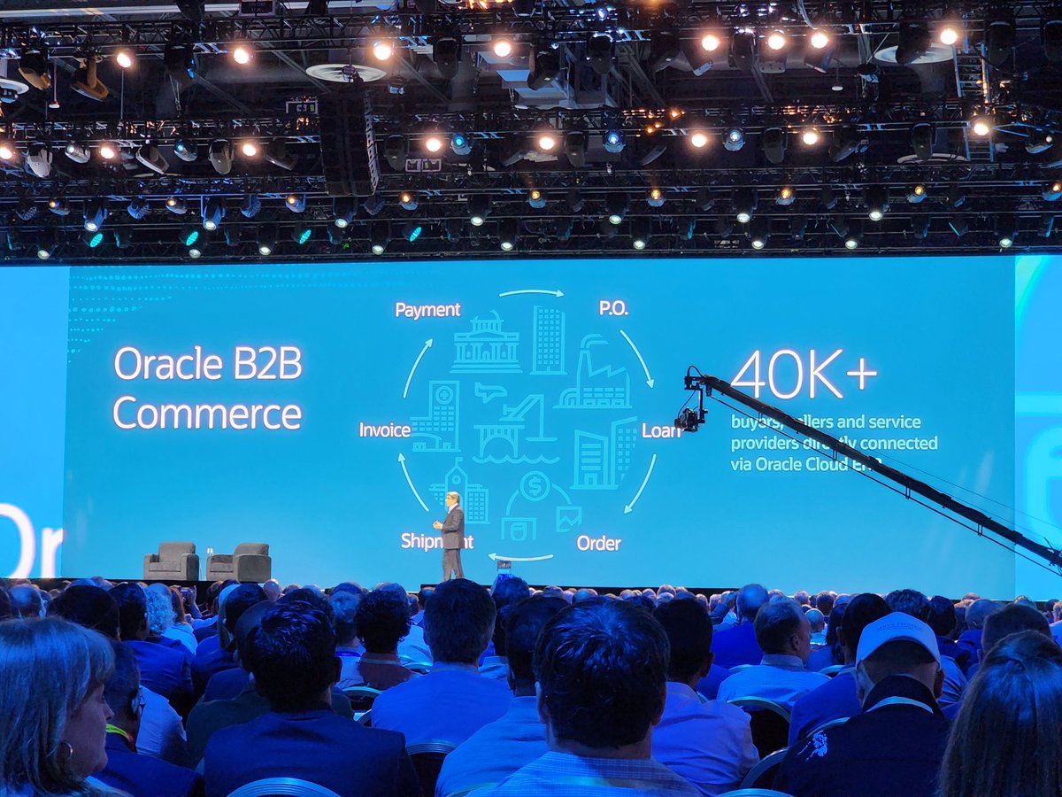 PatrickMoorhead's tweet photo. Kicking off with the biggest apps announcement, @Oracle B2B Commerce. Basically, a friction free way to do business with a network of external service providers. Banks, insurers, shippers, etc. Starts with @jpmorgan and @fedex. Via Oracle Fusion #ERP. This is a big deal.  #OCW https://t.co/7PCIbvhwYn