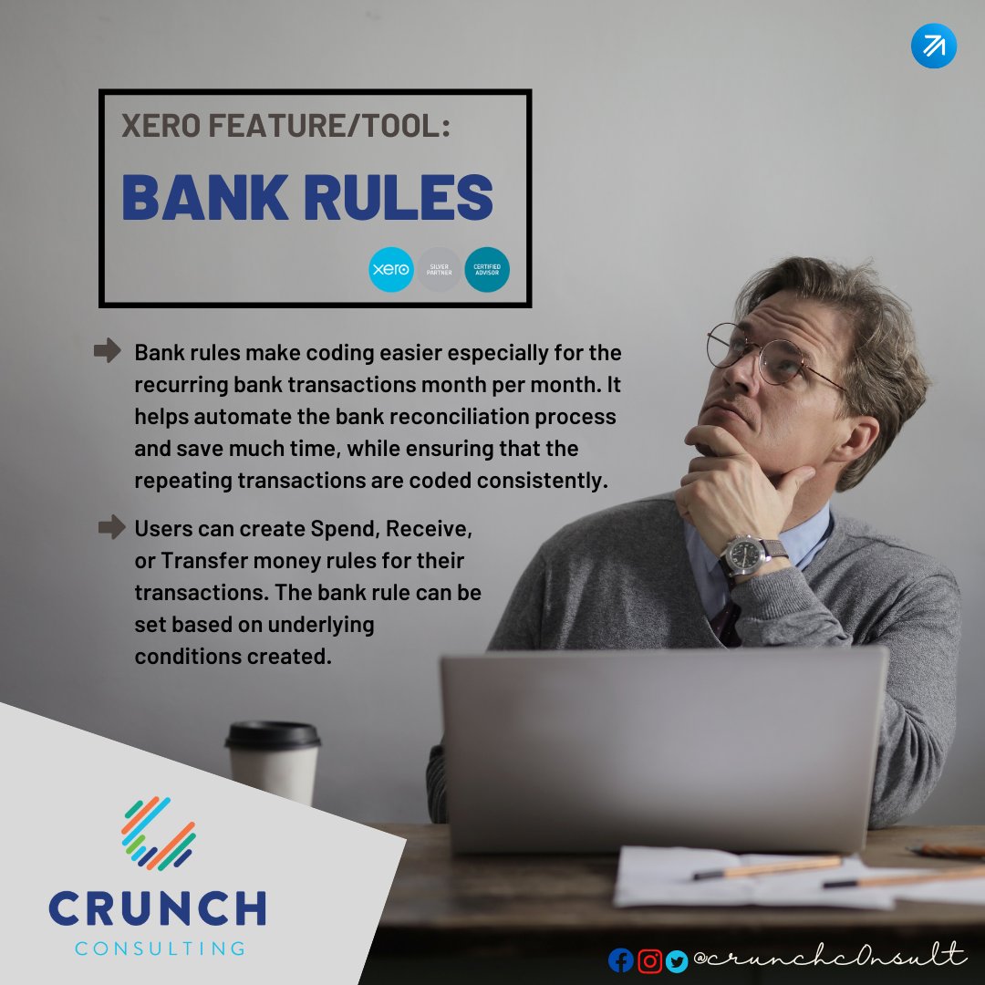 crunchc0nsult's tweet image. Xero feature/tool: Bank rules

Bank rules help automate the bank reconciliation process and save much time, while ensuring that the repeating transactions are coded consistently. 

Users can create Spend, Receive, or Transfer money rules for their transactions. 

#WeCrunchNumbers