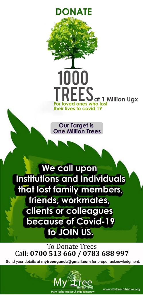 My Tree Initiative is looking for 700 donors  to dedicate the remaining 700,000 trees towards our target of planting 1 million trees in memory of our clients &amp; workmates who lost their lives to COVID-19.

Donate 1000 Trees at 1 Million Ugx.🌳

<a href="/KKariisa/">Kin Kariisa🇺🇬</a> <a href="/nyamadon/">Don Wanyama</a>
<a href="/TonyGlencross/">Tony Glencross</a>