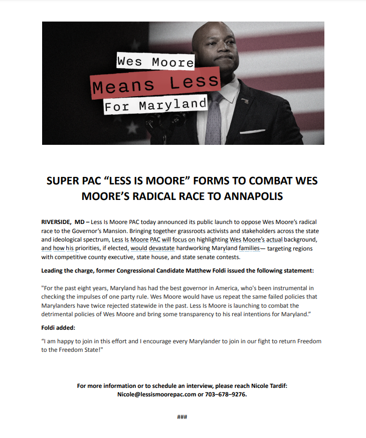LessIsMoorePac's tweet photo. "Less Is Moore PAC will focus on highlighting Wes Moore’s actual background, and how his priorities, if elected, would devastate hardworking Maryland families." #LessIsMoore #WesMoore #Maryland #MDpolitics #MarylandFirst https://t.co/Cyj6zuKVMt