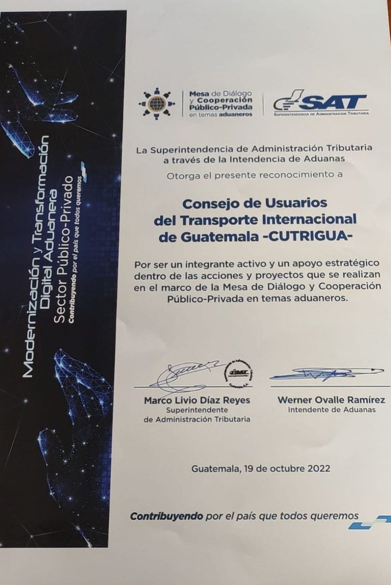 CUTRIGUA's tweet photo. Cutrigua el día de hoy firmó Convenio en el marco de la Mesa de Diálogo y Cooperación  Público-Privado en temas aduaneros @SATGT  y en la cual reafirmamos nuestro compromiso como integrante estratégico para mejorar la facilitación del comercio y competitividad del país. https://t.co/B1w0xTOHgy