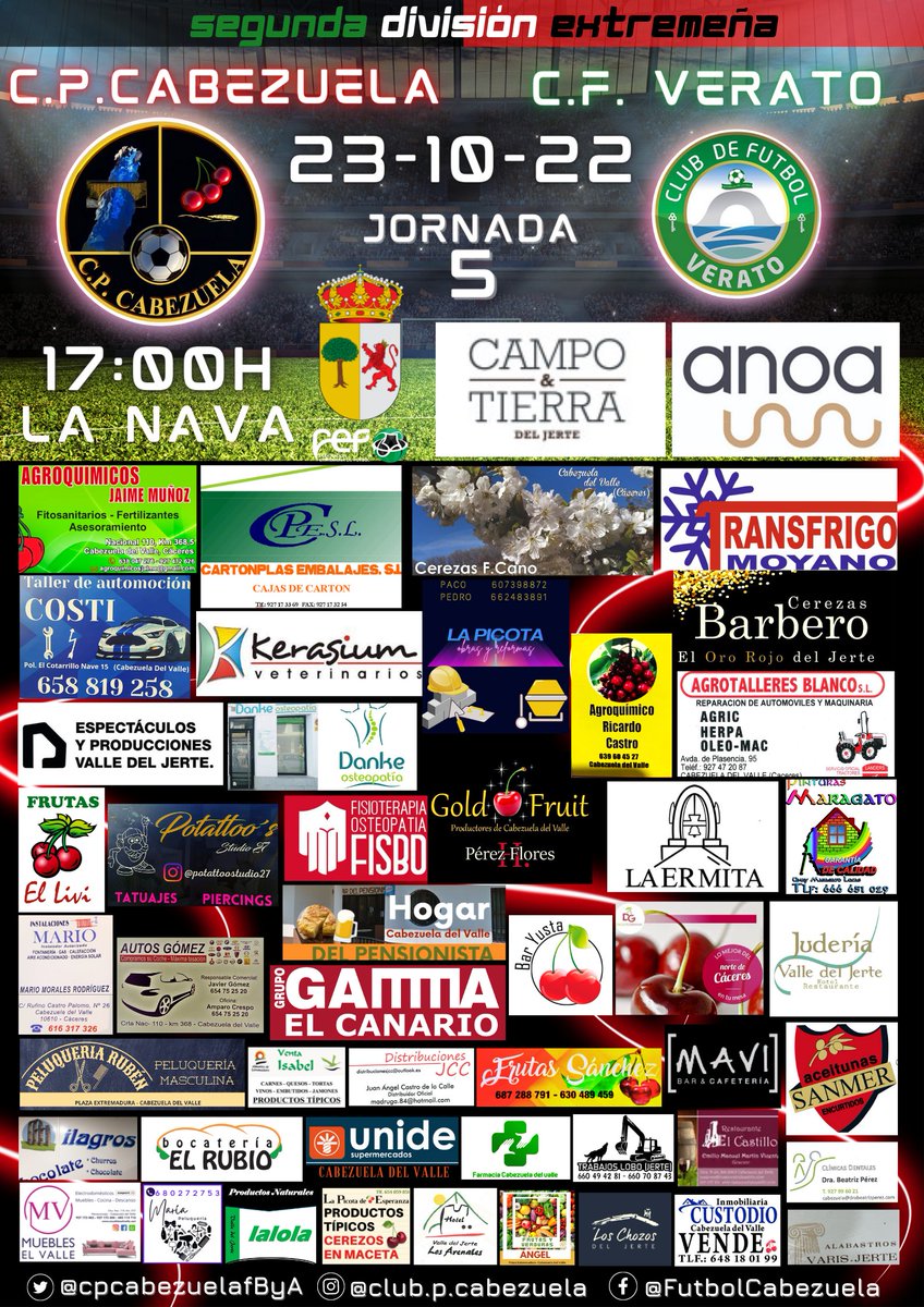 cpcabezuelafByA's tweet photo. QUINTA JORNADA TOCA  ¡VIVIR EL FÚTBOL! EN CASA🏠 ⚽️
 📣Domingo 23-10-22
⏰17:00H
CP CABEZUELA @cpcabezuelafByA VS C.F. VERATO @CF_Verato
🏟 Municipal LA NAVA
#FÚTBOL 
#ilusión https://t.co/JYzLvqZJFv
