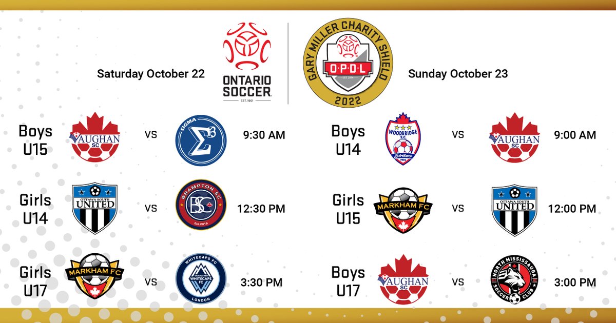 The Finals are set for the 2022 Gary Miller Charity Shield this weekend!

Check out our Match Centre for all the news, game recaps, livestream, photo albums and more!
ontariosoccer.net/2022-gmcs-matc…

All six games will be broadcast live on our twitch channel, at twitch.tv/ontario_soccer