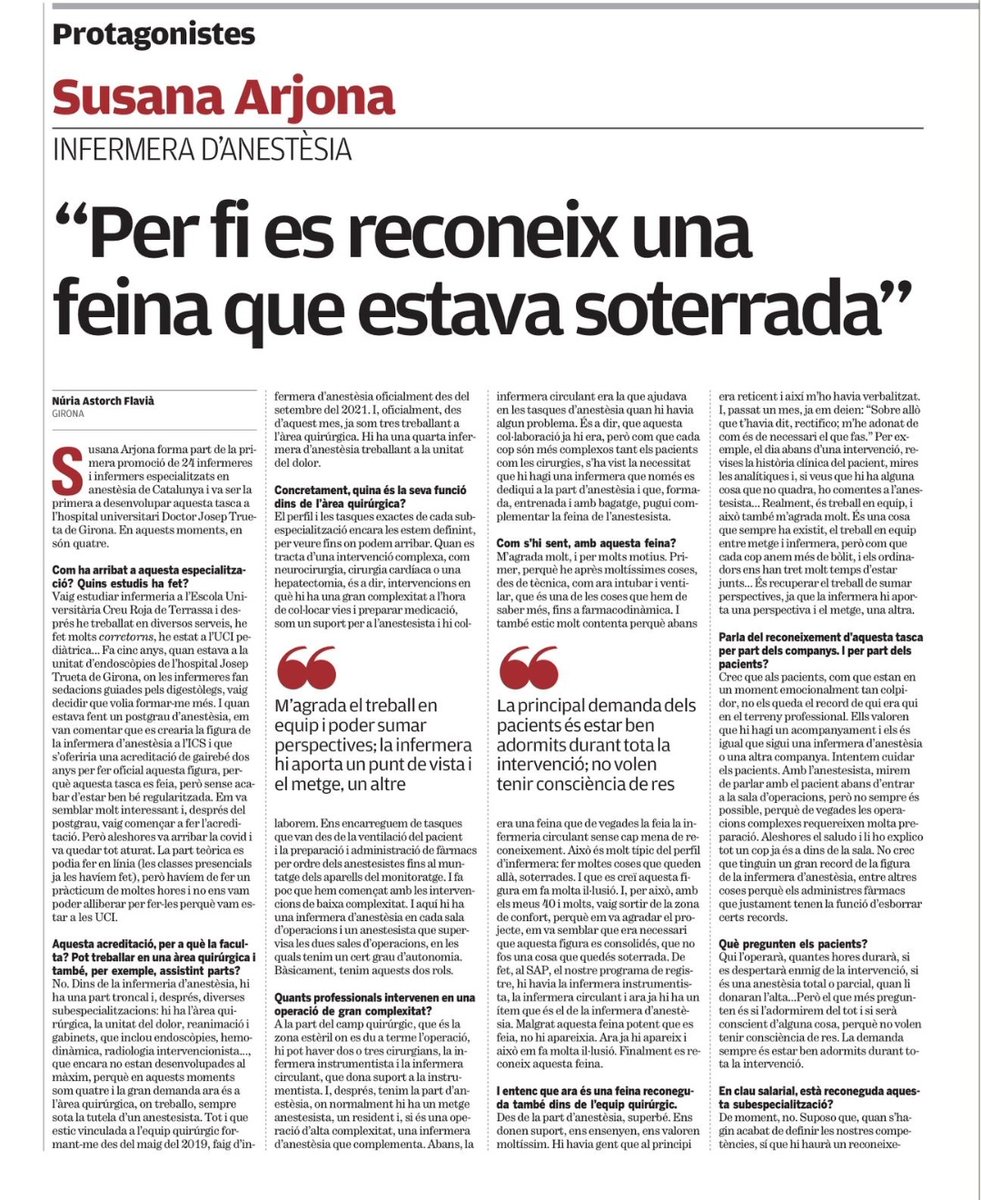 htrueta's tweet photo. No podeu acabar el dia sense llegir l'entrevista a la Susana Arjona, #infermera especialista en #anestèsia de l'#htrueta, un de les poques que hi ha a Catalunya. Entrevista feta per @Nuriastorch a @elpuntavui 
Estem orgullosos de les i dels professionals d'infermeria del Trueta🔝 https://t.co/zsqYrbohGP
