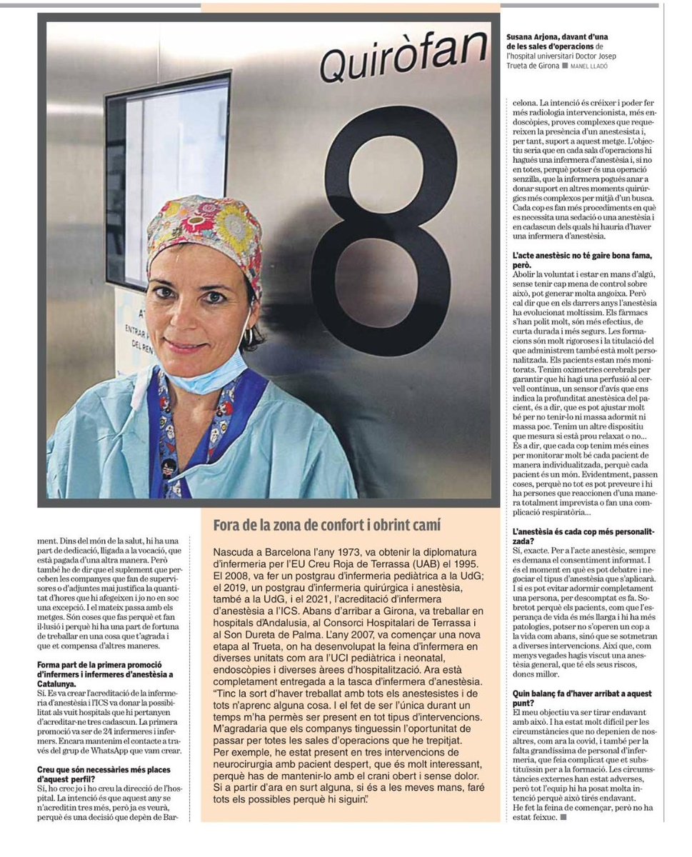 htrueta's tweet photo. No podeu acabar el dia sense llegir l'entrevista a la Susana Arjona, #infermera especialista en #anestèsia de l'#htrueta, un de les poques que hi ha a Catalunya. Entrevista feta per @Nuriastorch a @elpuntavui 
Estem orgullosos de les i dels professionals d'infermeria del Trueta🔝 https://t.co/zsqYrbohGP