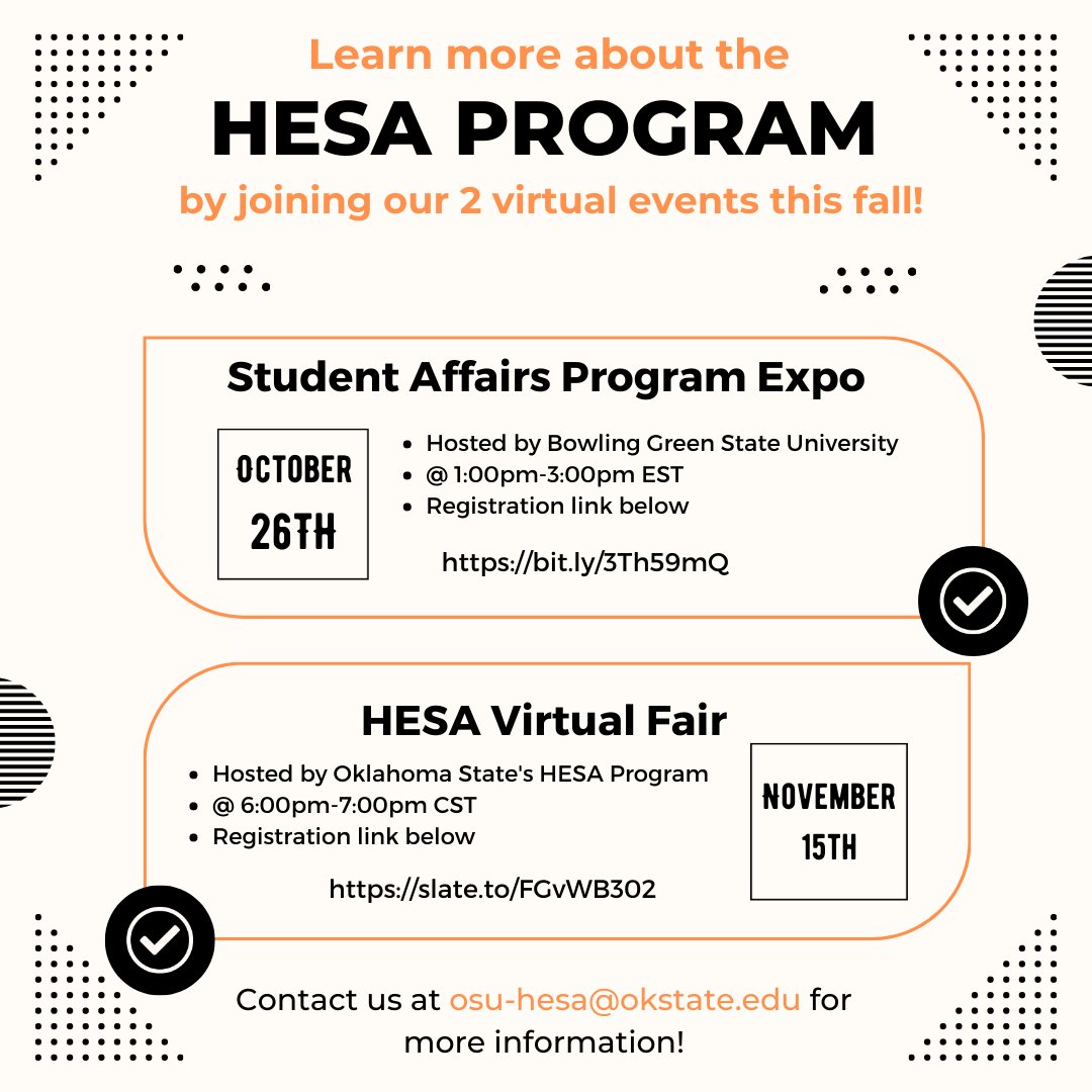okstatehesa's tweet photo. Make sure to join us for our two virtual events this fall!

Everything you need to know is listed on the flyer and registration links can be accessed down below!

BGSU Student Affairs Expo - Oct. 26th
https://t.co/e7ovcAgyHr

OSU HESA Fair Nov. 15th
https://t.co/PGZ4SApIJt https://t.co/A2pz8gunHG