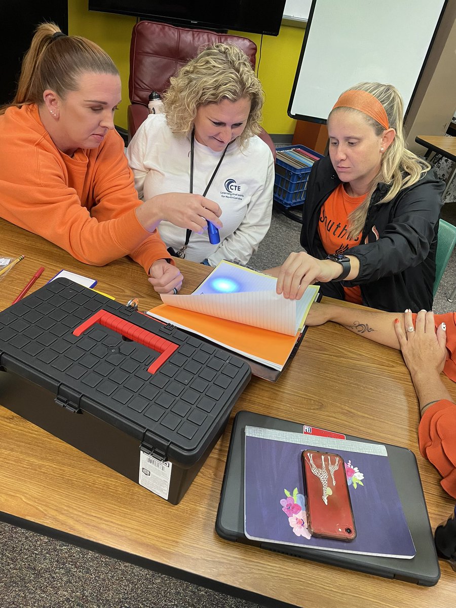 TeacherLeader22's tweet photo. The staff broke out today and solved the case of the missing student! 🔎 #avid #collaboration #breakoutboxes #studentengagement @southwestcolts @ocsinstruction @OnslowSchools https://t.co/CqS9sk1Qow