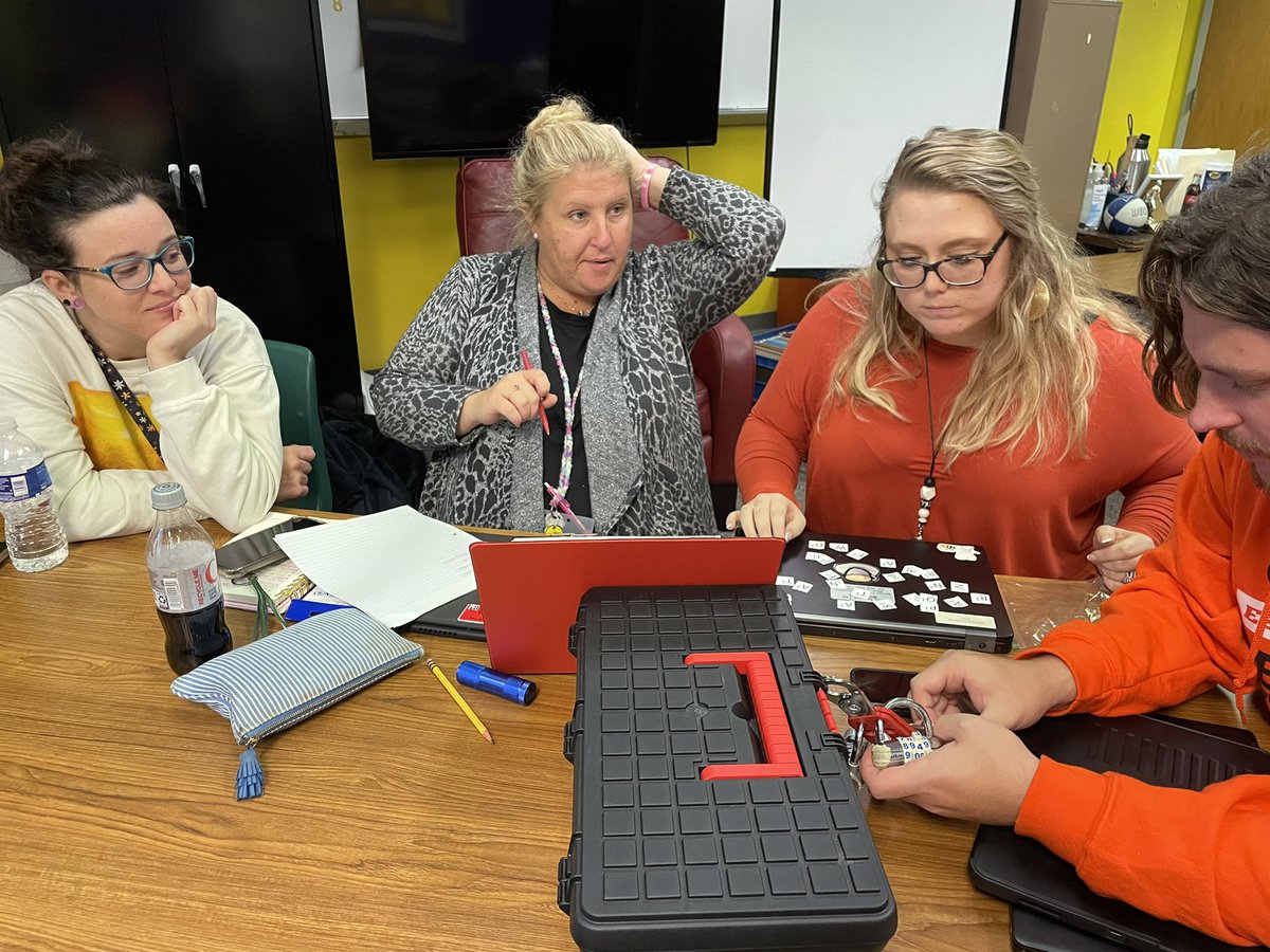 TeacherLeader22's tweet photo. The staff broke out today and solved the case of the missing student! 🔎 #avid #collaboration #breakoutboxes #studentengagement @southwestcolts @ocsinstruction @OnslowSchools https://t.co/CqS9sk1Qow