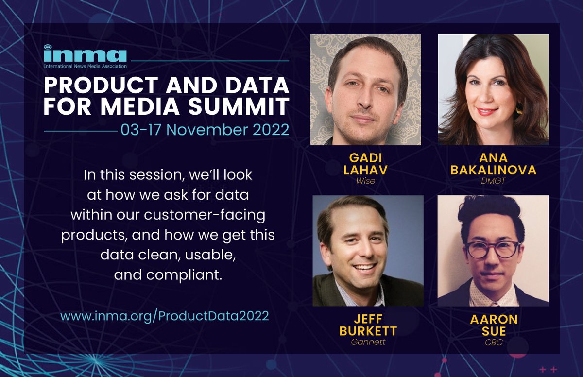 Join us November 10 as <a href="/gadilahav/">Gadi Lahav</a>, <a href="/anablondonuk/">Ana</a>, <a href="/burk504/">Jeff Burkett</a>, and Aaron Sue share insights into gathering usable data at the INMA Product and Data for Media Summit. ow.ly/V3RQ50LfVoO <a href="/jodiehop/">Jodie Hopperton</a> <a href="/arianebernard/">Ariane Bernard</a>
