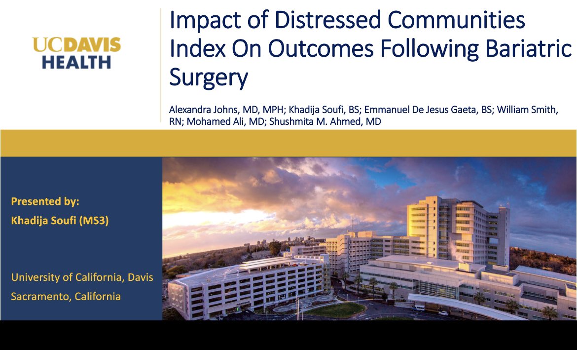 ShushAhmedMD's tweet photo. Congratulations to my medical student Khadija Soufi on her excellent presentation and to my resident Lexie Johns on executing this study! I am soooo proud of them both for their work on this very important study!! #ACSCC22 #BariatricSurgery @VictoriaLyo @UCDavisSurgery https://t.co/NKtMUuGot7