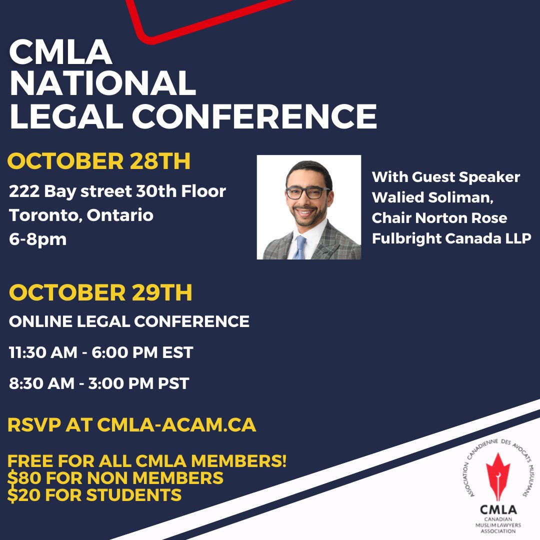 Join us on October 28th at 6 pm in Toronto Ontario for #CMLAOntario's kick off event with Guest speaker Walied Soliman for our annual #CMLALegalConference - In person events across the country! For more info visit cmla-acam.ca