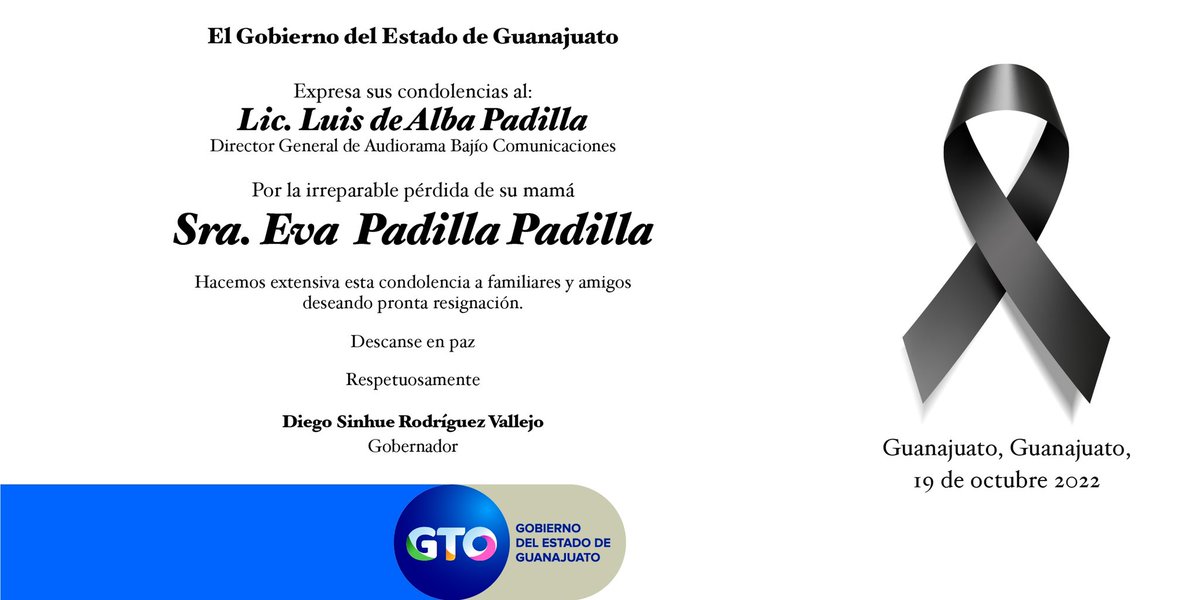 diegosinhue's tweet photo. Lamento el sensible fallecimiento de la Sra. Eva Padilla Padilla, madre de nuestro amigo Luis de Alba, Director General de Audiorama Bajío Comunicaciones. 
Envío un fuerte abrazo a familiares y amigos.
Descanse en Paz https://t.co/hZMTzujGZJ