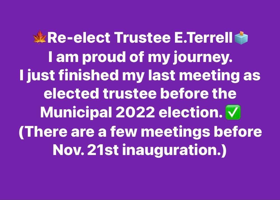 🍁Re-elect Trustee E.Terrell🗳
🍎VOTE: ✅ Trustee E.T. 💜
☀️On Monday, Oct.24th 💕