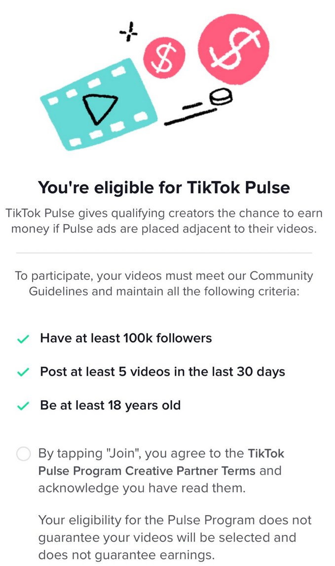 zachbussey's tweet photo. TikTok Pulse, originally announced back in June is apparently launching. Will feature ads 'placed adjacent to your videos.'

- 100K Followers
- Post 5 Videos in the last 30 Days
- 18+

The CPM/Revenue Split is 50%. 
There is no guarantee of income/ad placement.

#CreatorNews https://t.co/haB9gv6IKj