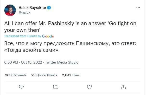 orsettiblue's tweet photo. 🇺🇦🇹🇷Il capo del #Bayraktar 
#Haluk sulle rivelazioni di ieri di #Pashinsky 🇺🇦 secondo cui la maggior parte dei #Bayraktar è stata abbattuta nella prima settimana di guerra,e l'intera storia con i Bayraktar è PR e corruzione:"Andate a combattere da soli allora"
#Zelensky #Ukraine https://t.co/7r6cSGqS3s