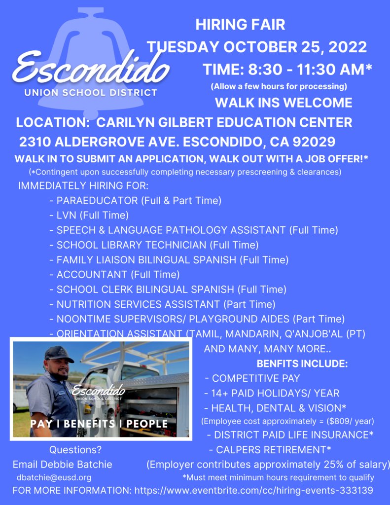 EUSD's tweet photo. EUSD is hosting its next HIRING FAIR on Tuesday, October 25, 2022 at the Carilyn Gilbert Education Center (EUSD District Office), from 8:30am-11:30am. Immediately hiring for a variety of positions. Come and see us. #ChooseEUSD https://t.co/IWVIeXM3zj