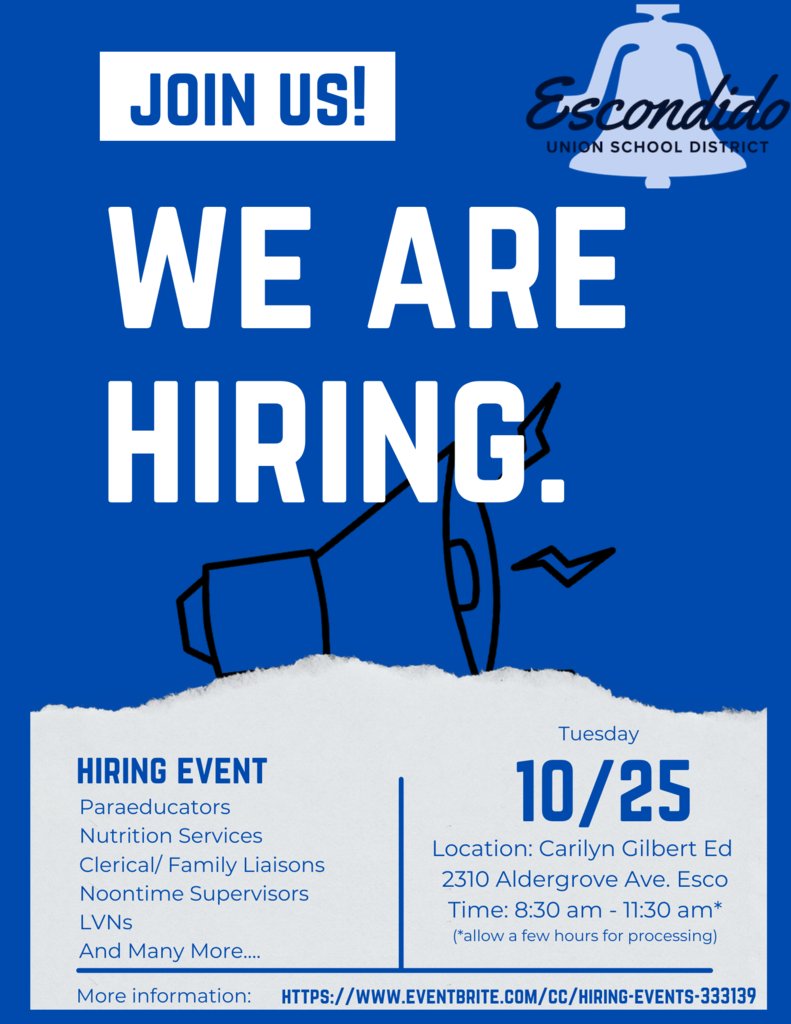 EUSD's tweet photo. EUSD is hosting its next HIRING FAIR on Tuesday, October 25, 2022 at the Carilyn Gilbert Education Center (EUSD District Office), from 8:30am-11:30am. Immediately hiring for a variety of positions. Come and see us. #ChooseEUSD https://t.co/IWVIeXM3zj