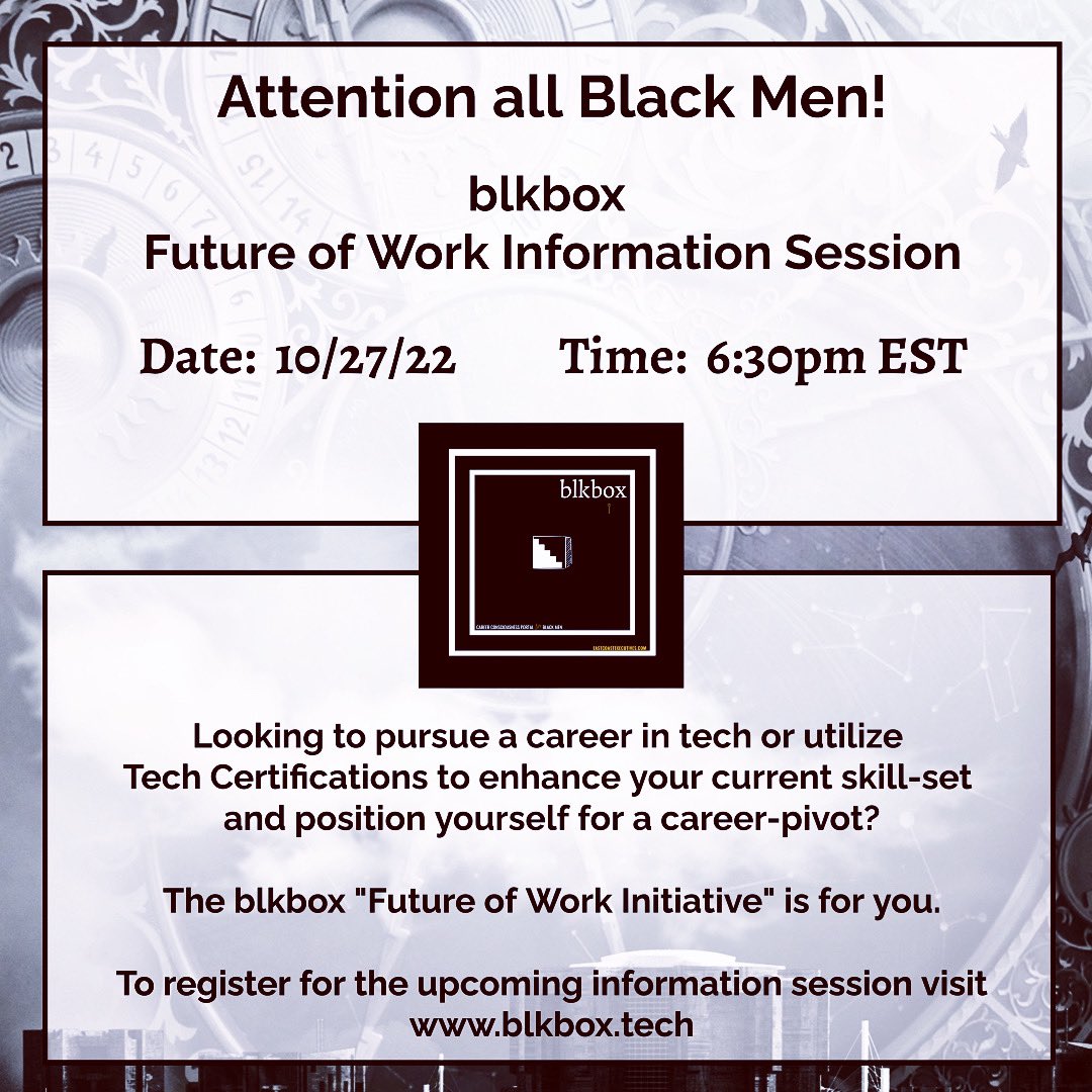 BlkboxTech's tweet photo. We are providing @google Tech Training Certifications through the blkbox Future of Work Initiative. 

To learn more, join the us for an Information Session.

Date: Thursday October 29th
Time: 6:30pm EST 
Location: Zoom

Visit https://t.co/Rqg8BOSLDv to register.

#blackmen #tech https://t.co/2HZCWwh8OR