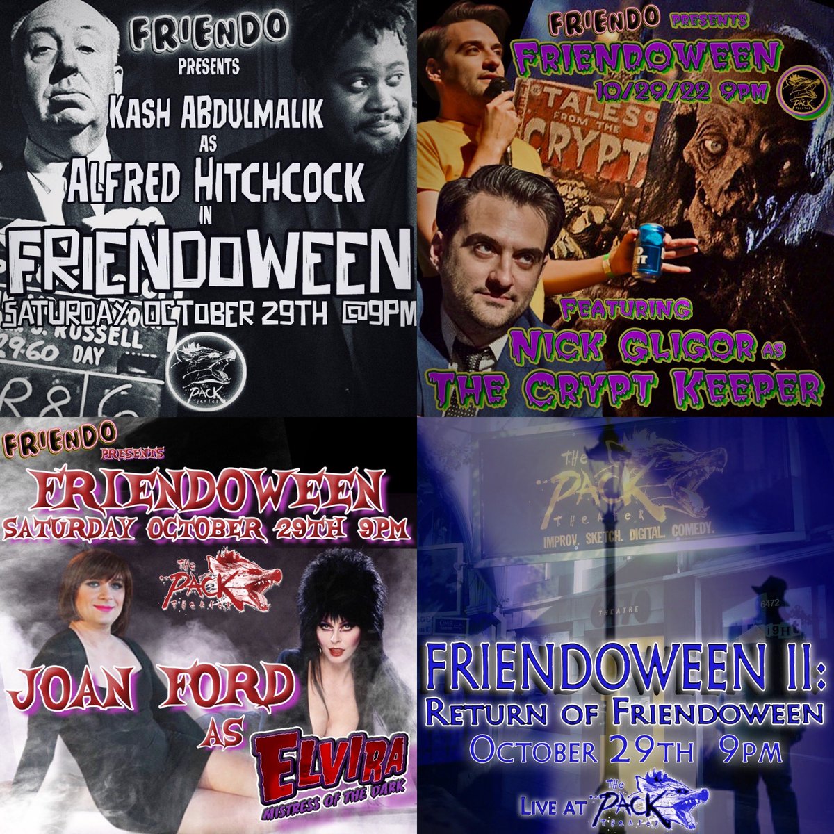 We’re pulling out ALL THE SPOOKY STOPS for FRIENDOWEEN! Cryptkeeper, Elvira, and Alfred Hitchcock?!? 😱💀🎃 10/29 at 9pm eventbrite.com/e/friendoween-…