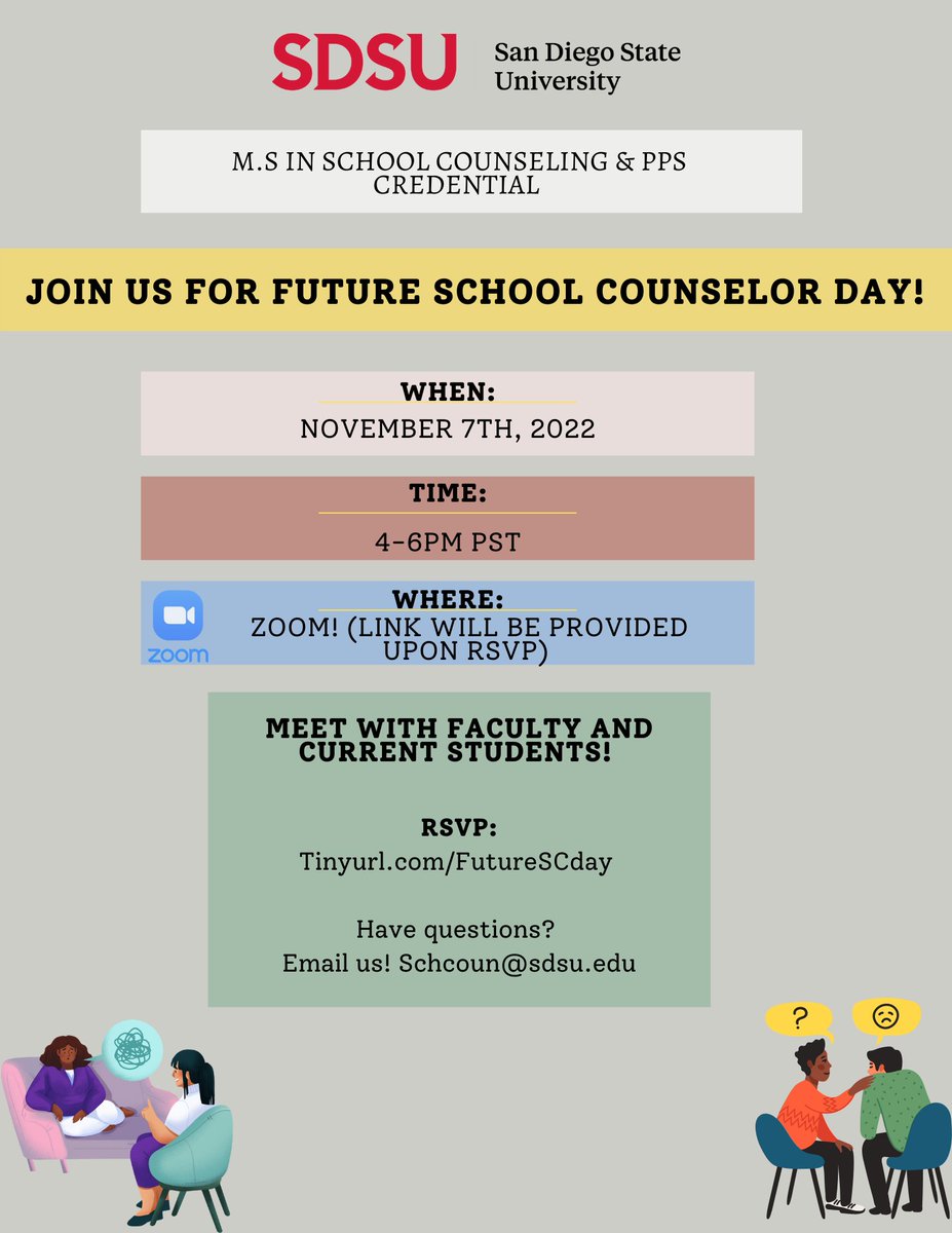 Hey Everyone! Future School Counselor Day is November 7th 2022 at 4-6pm via zoom. 💻

If you are interested in the Masters of School Counseling Program and have questions about the application process. This event is for you! 

Please RSVP using the link linktr.ee/schcoun