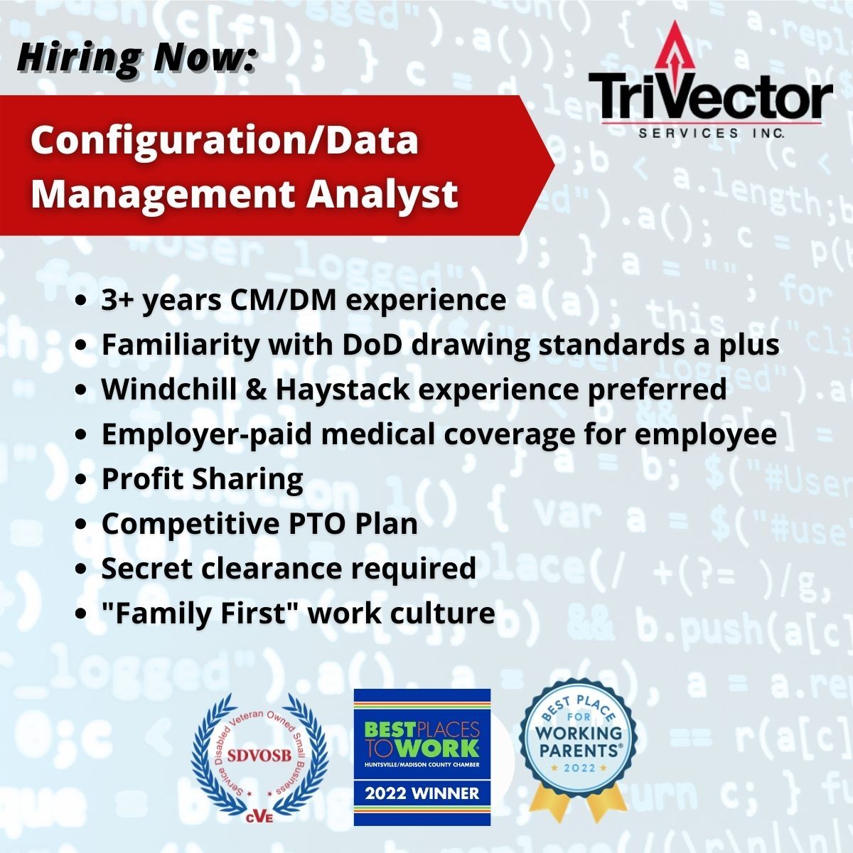 trivector_us's tweet photo. TriVector Services has a new and exciting career opportunity open for a Configuration/Data Management Analyst in #huntsvilleal! https://t.co/Sd9fqS83K8

#Applynow #configurationmanagement #departmentofdefense #secretclearance #veterans https://t.co/CMePskLSdD